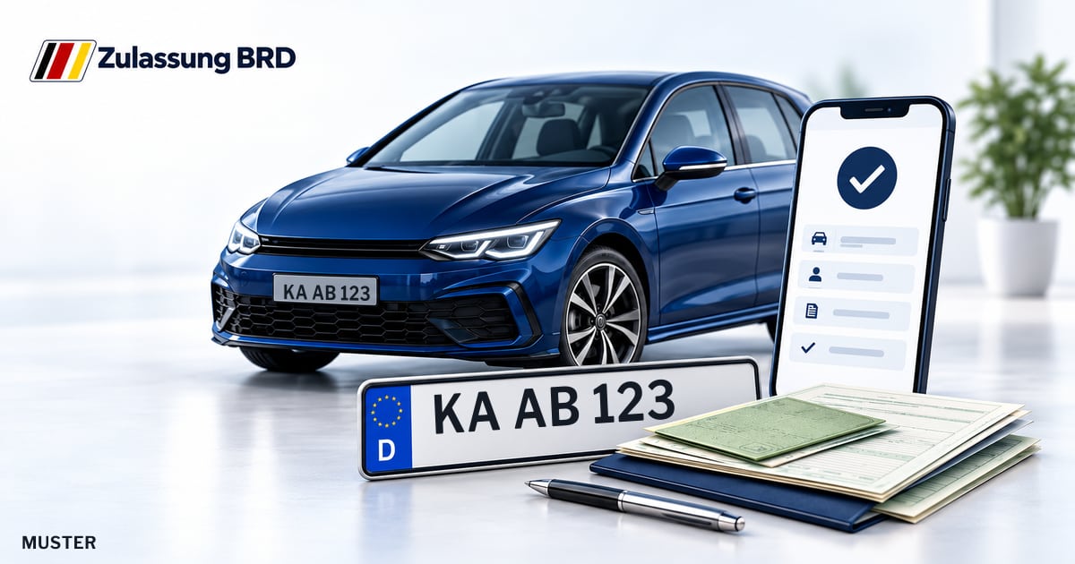 Online Fahrzeugzulassung in Eggenstein-Leopoldshafen: Musterkennzeichen KA AB 123, Auto und Fahrzeugpapiere und Smartphone. Illustration mit Logo von Zulassung BRD.